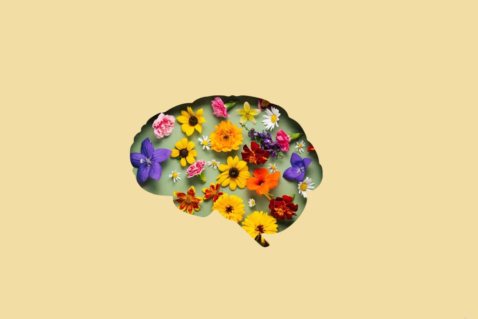 Paper-cut brain shape filled with colorful flowers on a yellow background, symbolizing creativity and mental health.