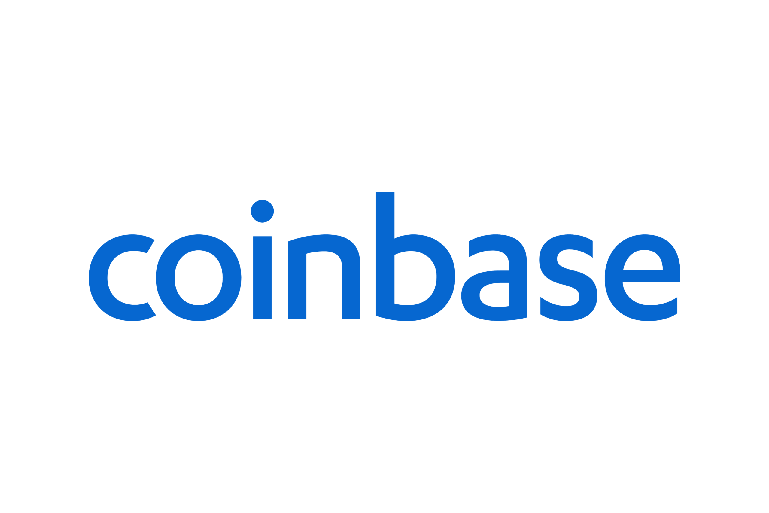 Coinbase logo, blue text on white background, cryptocurrency exchange branding.