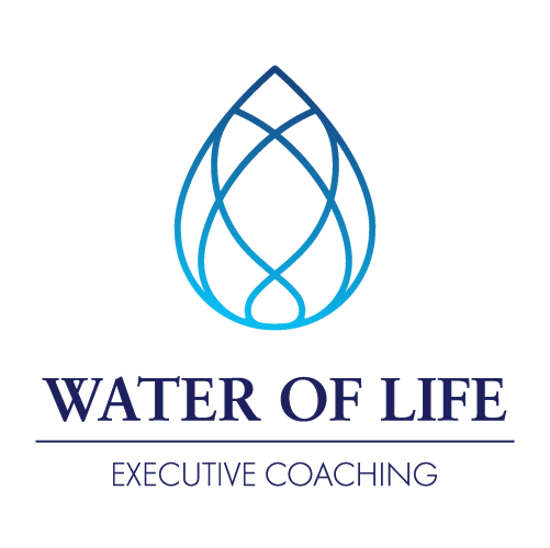Water of Life Executive Coaching logo, blue abstract droplet design, professional branding image.