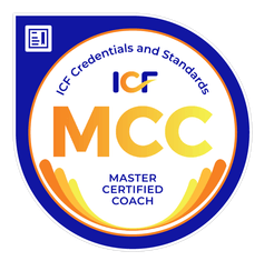 ICF MCC badge for Master Certified Coach credentials and standards, blue and orange design for professional certification.