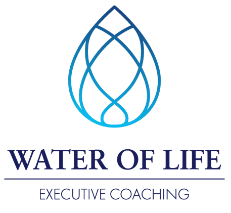 Water of Life Executive Coaching logo, blue water droplet design, business branding.